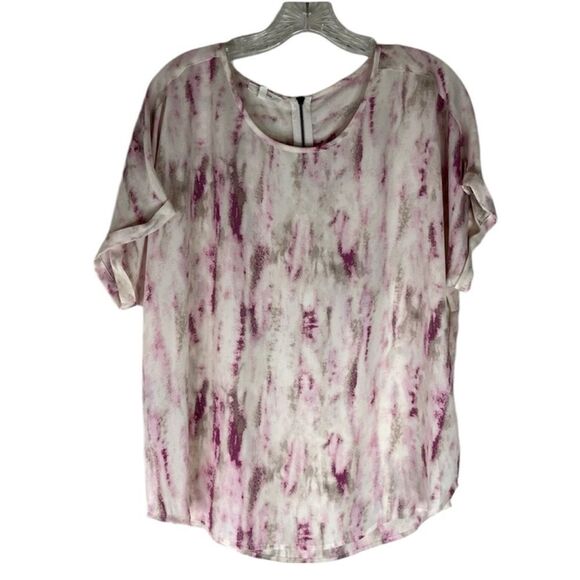 Maurices Top Women’s Pink White Tie Dye Marbled Short Tab Sleeve Zipper Blouse L - Picture 1 of 11